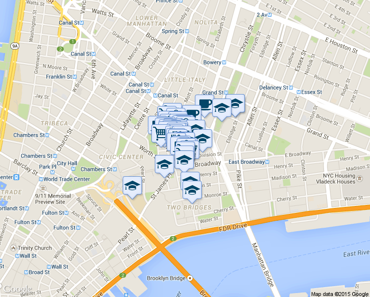 map of restaurants, bars, coffee shops, grocery stores, and more near 18 Bowery in New York