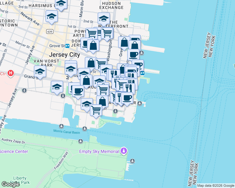 map of restaurants, bars, coffee shops, grocery stores, and more near 70 Greene Street in Jersey City