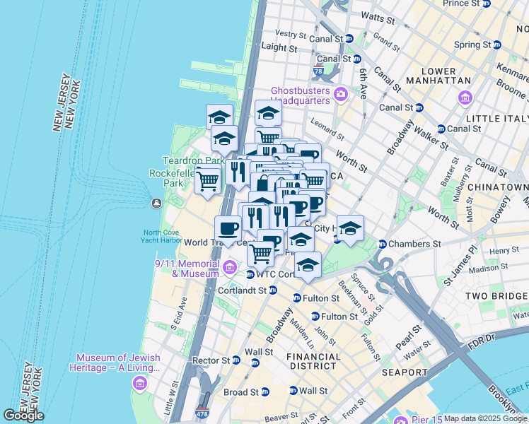 map of restaurants, bars, coffee shops, grocery stores, and more near 109 Park Place in New York