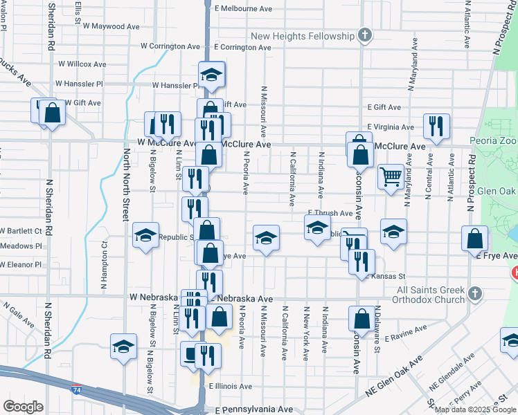 map of restaurants, bars, coffee shops, grocery stores, and more near 313 East Thrush Avenue in Peoria