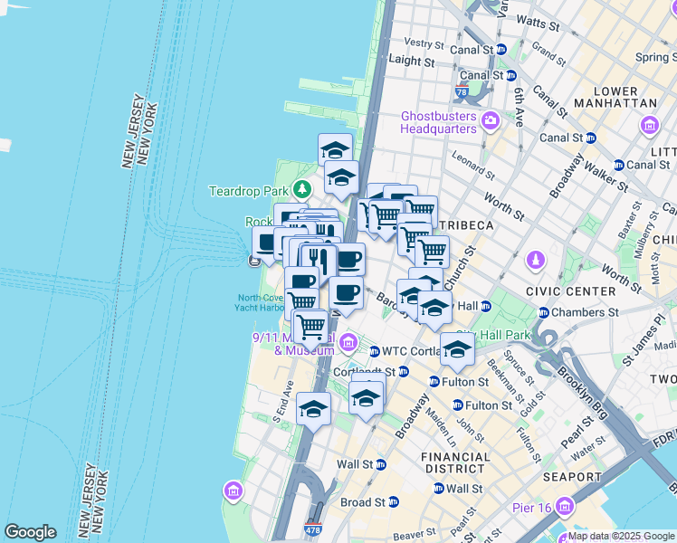 map of restaurants, bars, coffee shops, grocery stores, and more near 12 Vesey Street in New York