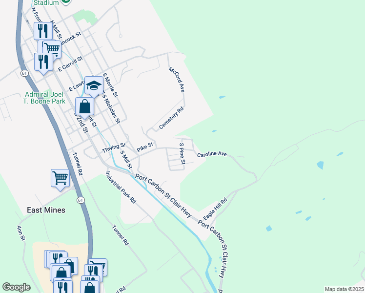 map of restaurants, bars, coffee shops, grocery stores, and more near 61 Caroline Avenue in Pottsville