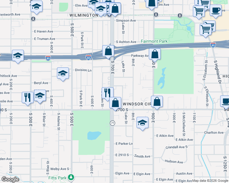 map of restaurants, bars, coffee shops, grocery stores, and more near 669 Crystal Avenue in Salt Lake City