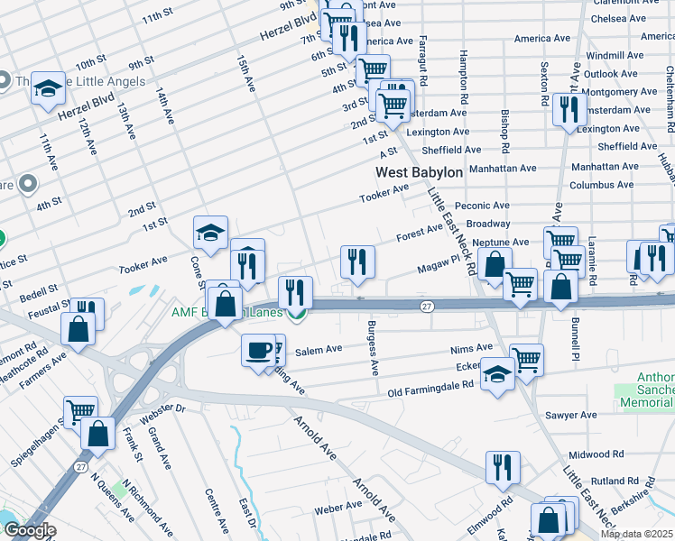 map of restaurants, bars, coffee shops, grocery stores, and more near 8 Cindy Drive in West Babylon