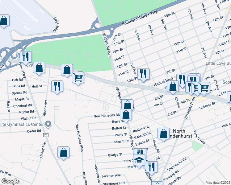 map of restaurants, bars, coffee shops, grocery stores, and more near 961 Wellwood Avenue in Lindenhurst