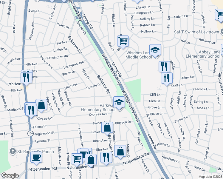 map of restaurants, bars, coffee shops, grocery stores, and more near 410 Bernice Drive in East Meadow