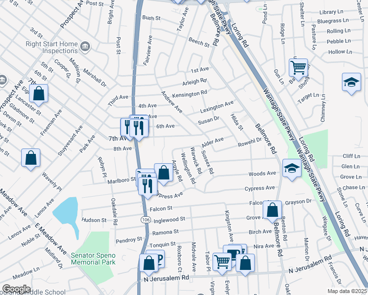 map of restaurants, bars, coffee shops, grocery stores, and more near 379 Wellington Road in East Meadow