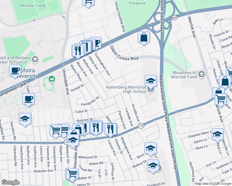 map of restaurants, bars, coffee shops, grocery stores, and more near 1213 Warwick Street in Uniondale
