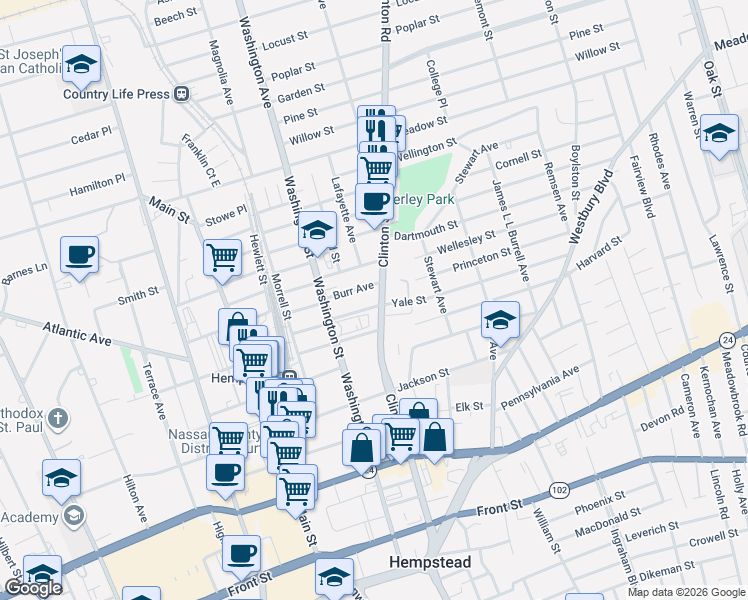 map of restaurants, bars, coffee shops, grocery stores, and more near 89 Lent Avenue in Hempstead