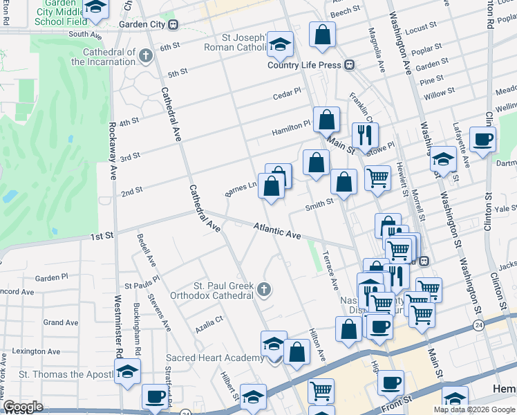map of restaurants, bars, coffee shops, grocery stores, and more near 225 Hilton Avenue in Hempstead