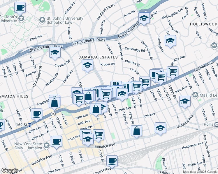 map of restaurants, bars, coffee shops, grocery stores, and more near 38 Wexford Terrace in Queens
