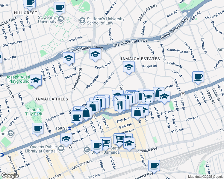 map of restaurants, bars, coffee shops, grocery stores, and more near 175-24 Devonshire Road in Queens