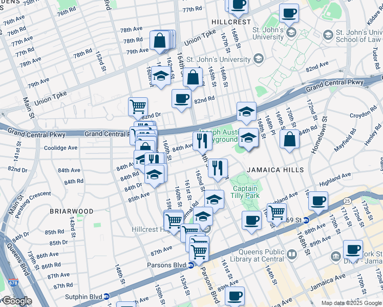 map of restaurants, bars, coffee shops, grocery stores, and more near 161-34 84th Road in Queens
