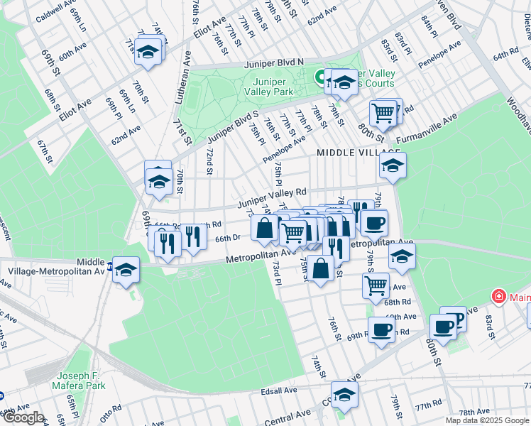 map of restaurants, bars, coffee shops, grocery stores, and more near 66-29 74th Street in Queens