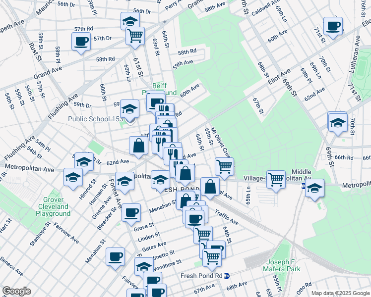 map of restaurants, bars, coffee shops, grocery stores, and more near 62-15 62nd Avenue in Queens