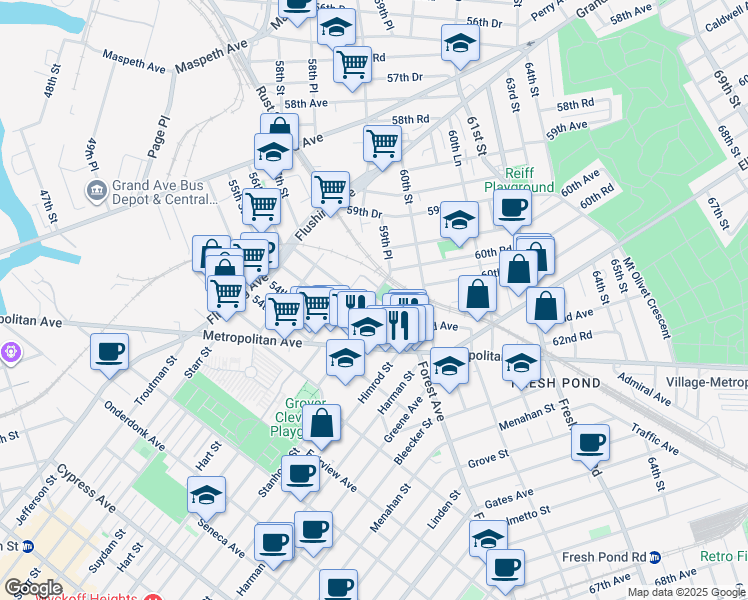 map of restaurants, bars, coffee shops, grocery stores, and more near 61-31 56th Street in Queens
