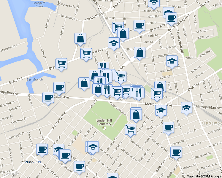 map of restaurants, bars, coffee shops, grocery stores, and more near 60-25 54th Street in Queens