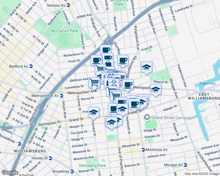 map of restaurants, bars, coffee shops, grocery stores, and more near 752 Metropolitan Avenue in Brooklyn