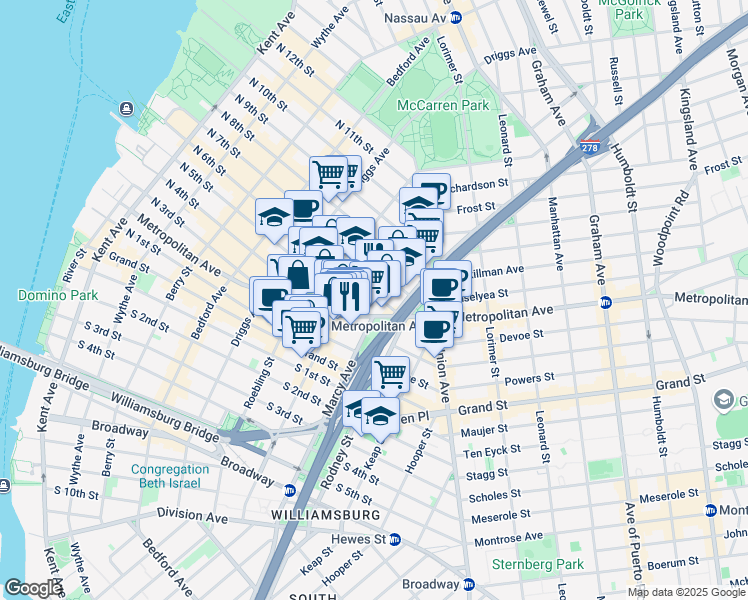 map of restaurants, bars, coffee shops, grocery stores, and more near 417-421 Metropolitan Avenue in Brooklyn