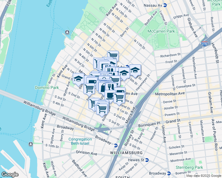 map of restaurants, bars, coffee shops, grocery stores, and more near 663A Driggs Avenue in Brooklyn