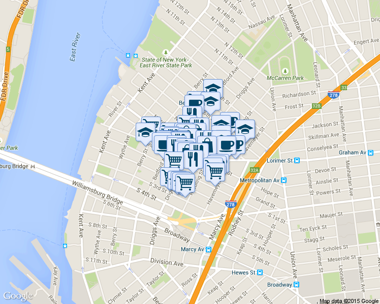 map of restaurants, bars, coffee shops, grocery stores, and more near 663A Driggs Avenue in Brooklyn