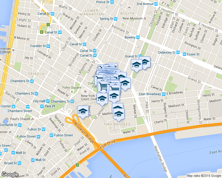 map of restaurants, bars, coffee shops, grocery stores, and more near 12 Chatham Square in New York