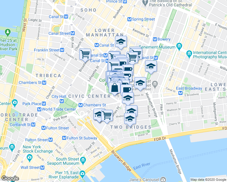 map of restaurants, bars, coffee shops, grocery stores, and more near 42 Mulberry Street in New York