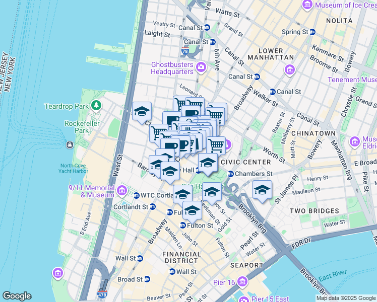 map of restaurants, bars, coffee shops, grocery stores, and more near 277 Broadway in New York