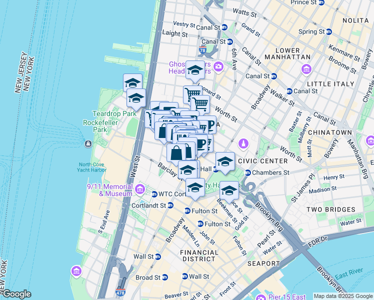 map of restaurants, bars, coffee shops, grocery stores, and more near 56 West Broadway in New York