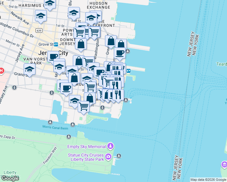 map of restaurants, bars, coffee shops, grocery stores, and more near 70 Hudson Street in Jersey City