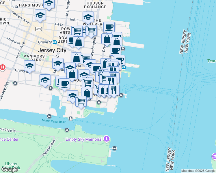 map of restaurants, bars, coffee shops, grocery stores, and more near 70 Hudson Street in Jersey City