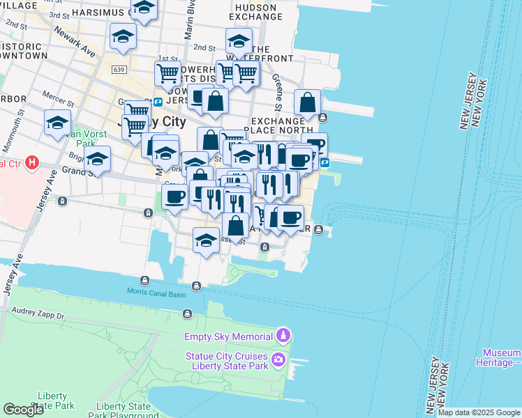 map of restaurants, bars, coffee shops, grocery stores, and more near 77 Sussex Street in Jersey City