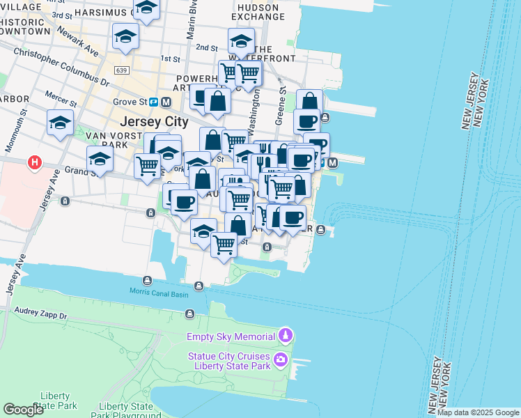 map of restaurants, bars, coffee shops, grocery stores, and more near 77 Sussex Street in Jersey City