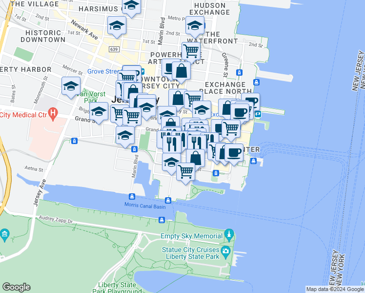 map of restaurants, bars, coffee shops, grocery stores, and more near 103 Sussex Street in Jersey City