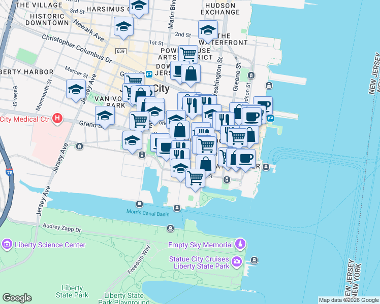 map of restaurants, bars, coffee shops, grocery stores, and more near 103 Sussex Street in Jersey City