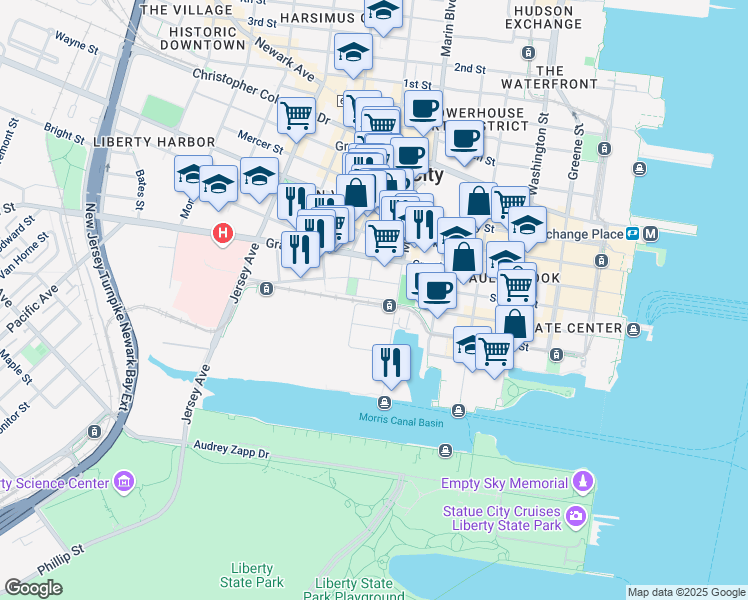 map of restaurants, bars, coffee shops, grocery stores, and more near 220 Morris Boulevard in Jersey City
