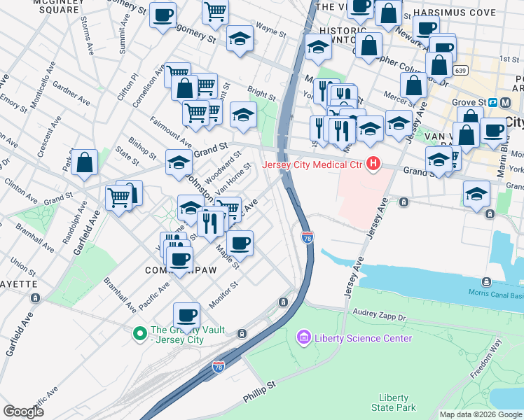 map of restaurants, bars, coffee shops, grocery stores, and more near 442 Whiton Street in Jersey City