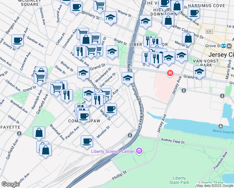 map of restaurants, bars, coffee shops, grocery stores, and more near 442 Pacific Avenue in Jersey City