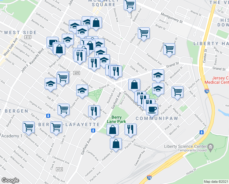 map of restaurants, bars, coffee shops, grocery stores, and more near 347 Randolph Avenue in Jersey City