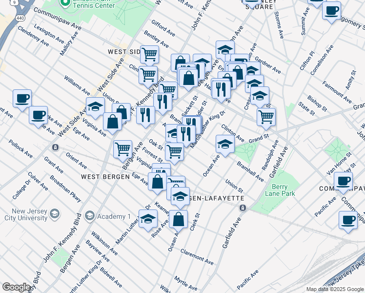 map of restaurants, bars, coffee shops, grocery stores, and more near 481 Martin Luther King Drive in Jersey City