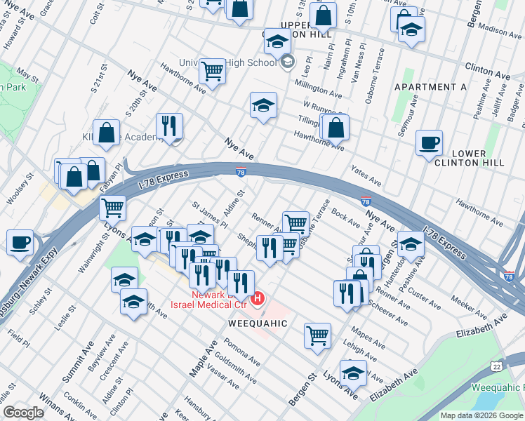 map of restaurants, bars, coffee shops, grocery stores, and more near 321-323 Renner Avenue in Newark