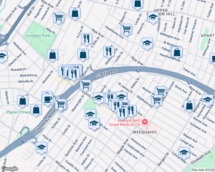 map of restaurants, bars, coffee shops, grocery stores, and more near 50 Shaw Avenue in Newark