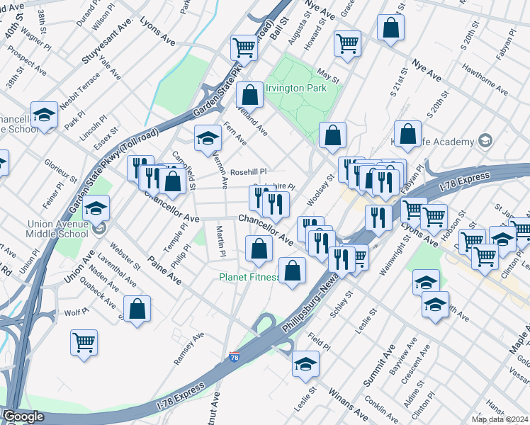 map of restaurants, bars, coffee shops, grocery stores, and more near 47 Norwood Avenue in Irvington