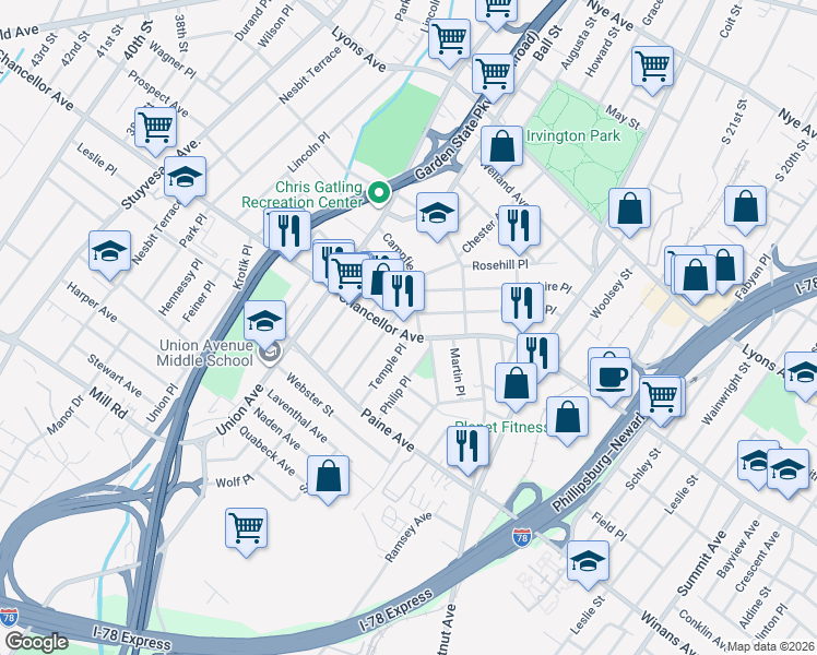 map of restaurants, bars, coffee shops, grocery stores, and more near 659 Chancellor Avenue in Irvington