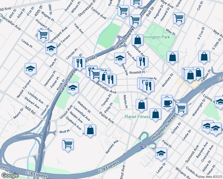 map of restaurants, bars, coffee shops, grocery stores, and more near 659 Chancellor Avenue in Irvington