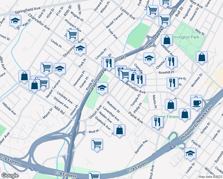 map of restaurants, bars, coffee shops, grocery stores, and more near 419 Union Avenue in Irvington
