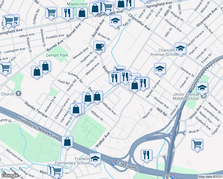 map of restaurants, bars, coffee shops, grocery stores, and more near 1122 Stuyvesant Avenue in Irvington