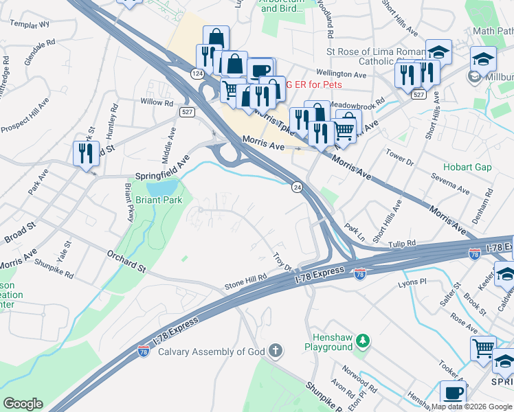 map of restaurants, bars, coffee shops, grocery stores, and more near 55C Troy Drive in Springfield