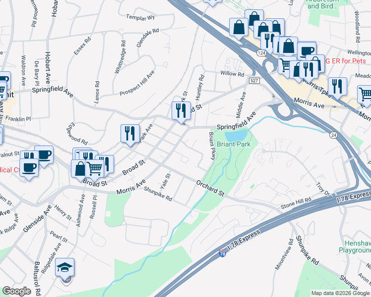 map of restaurants, bars, coffee shops, grocery stores, and more near 7 Edison Drive in Summit