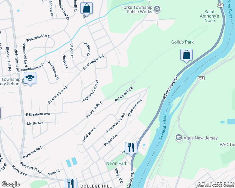 map of restaurants, bars, coffee shops, grocery stores, and more near 535 Paxinosa Road East in Easton